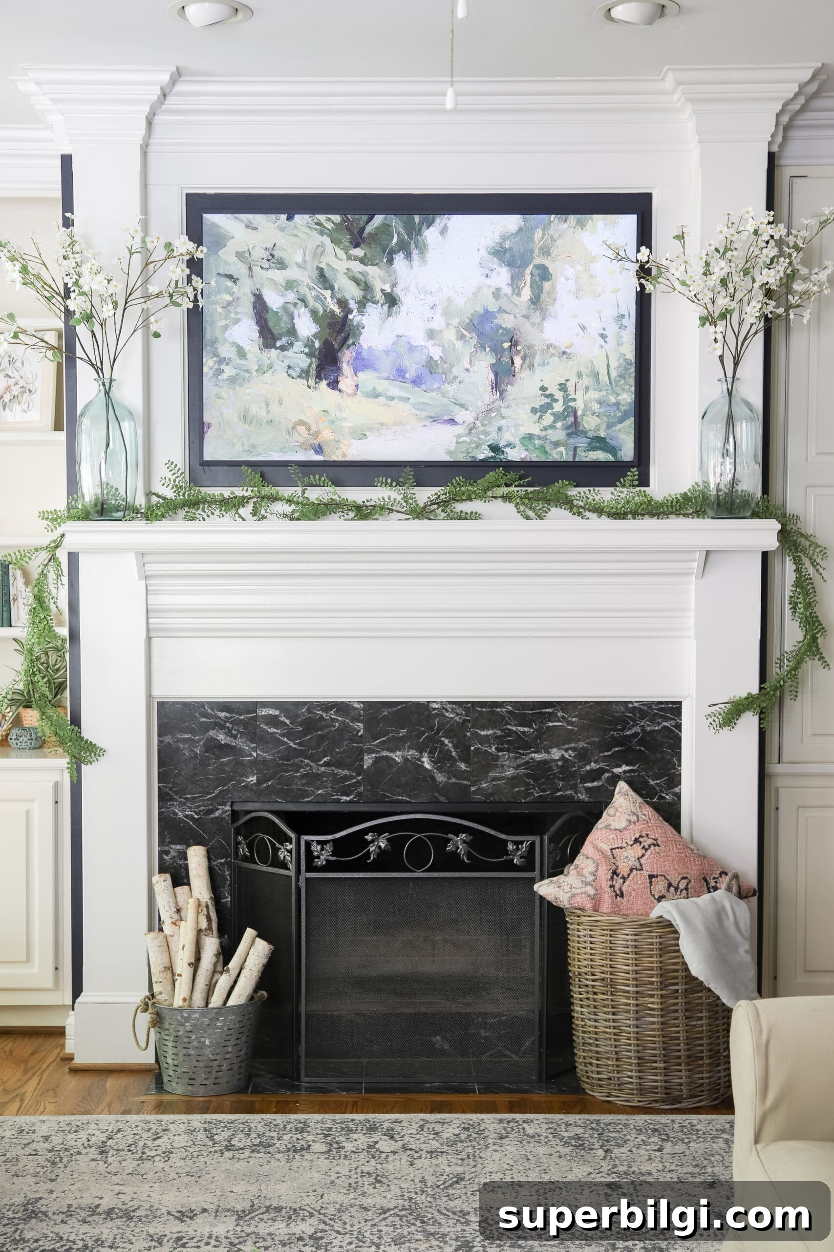How High Should You Mount Your TV? Room-by-Room Guide 2 mounted Frame TV above fireplace mantle in living room