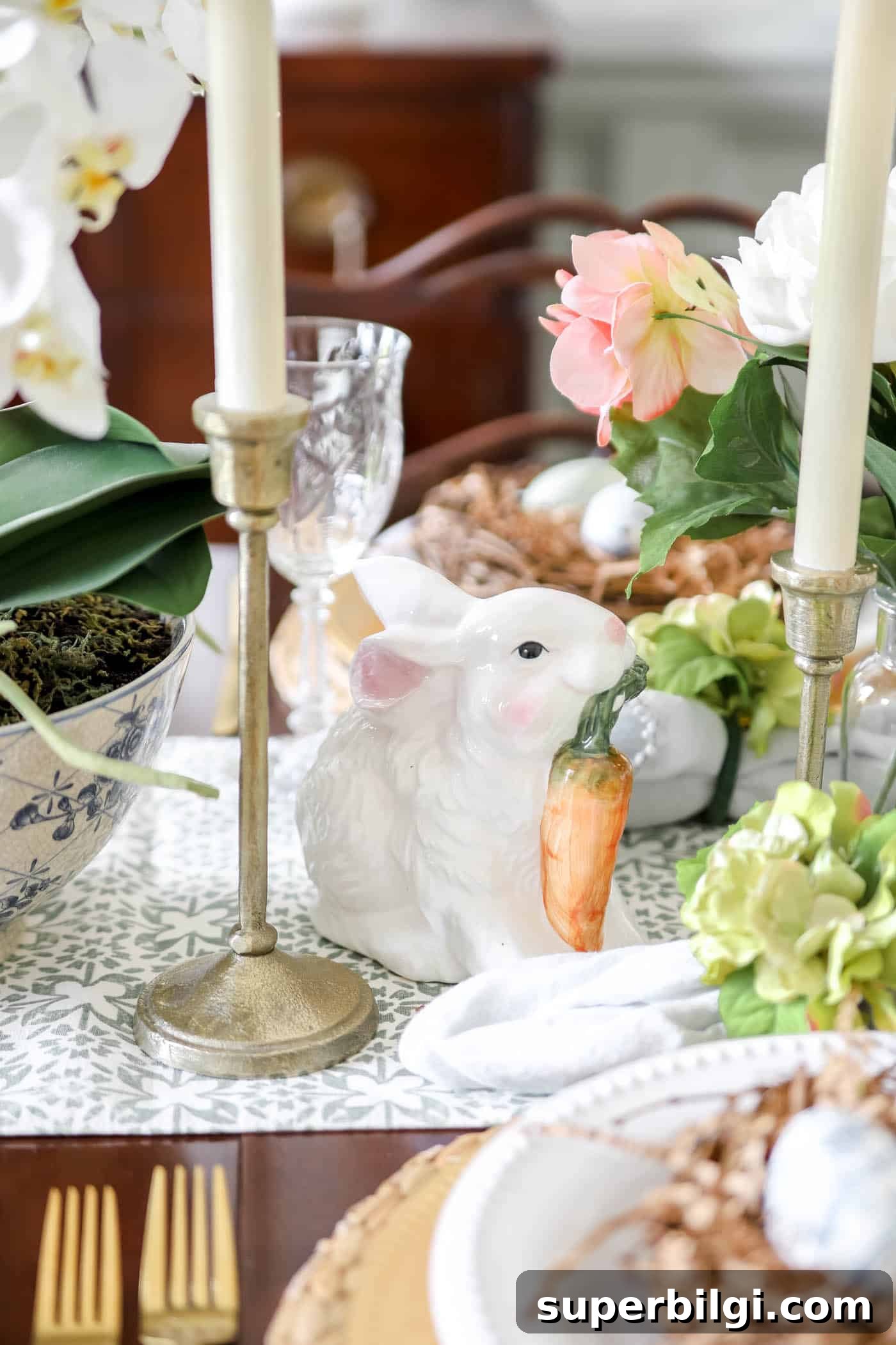 Fresh Spring Table Decor Ideas for Seasonal Entertaining 14 Ceramic bunny on the spring table