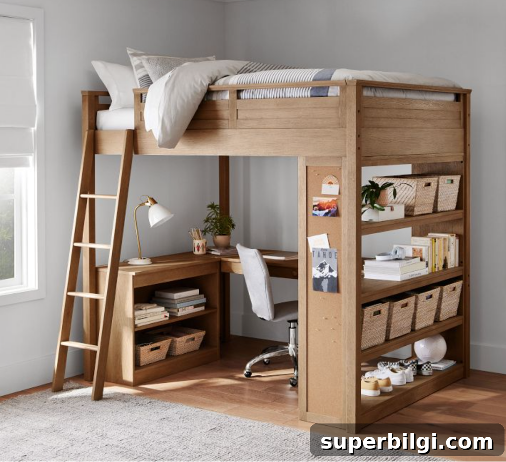 Space-Saving Loft Bed Ideas for Small Rooms 11 sleep and study loft bed idea for small rooms from Pottery Barn