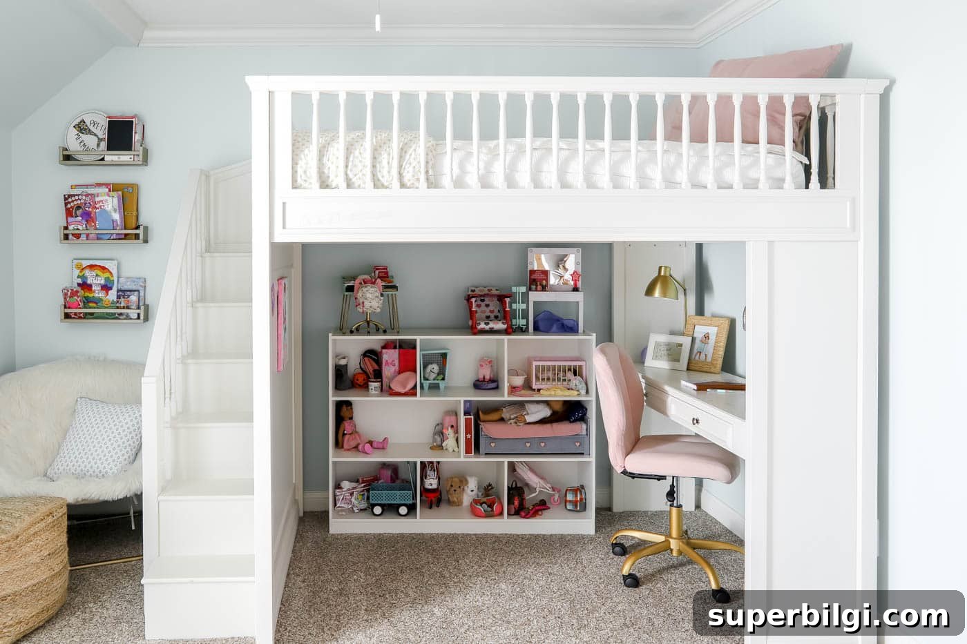 Space-Saving Loft Bed Ideas for Small Rooms 3 loft bed with toy storage and a desk underneath.