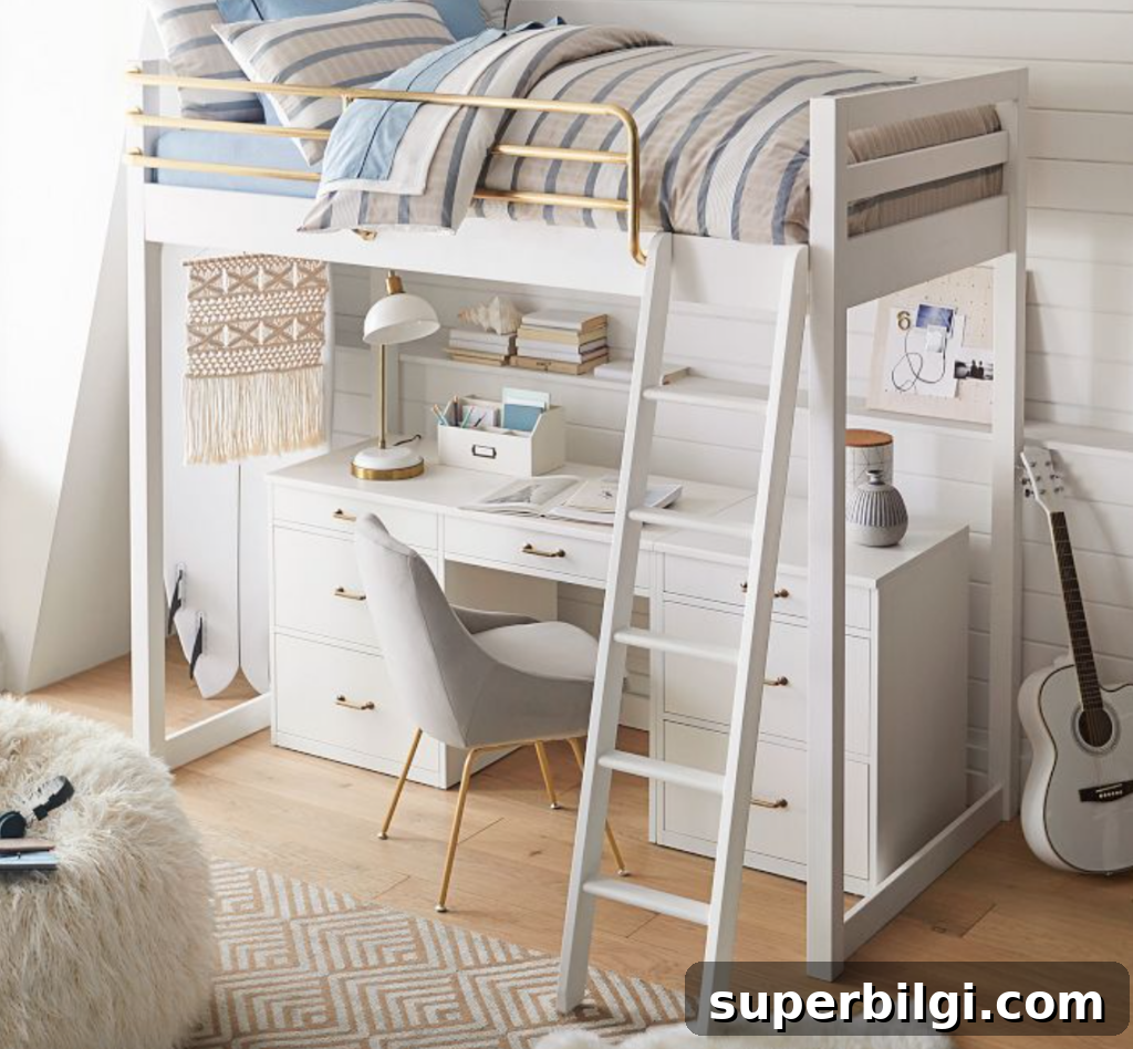 Space-Saving Loft Bed Ideas for Small Rooms 7 raised bed with a desk under it for a small room from Pottery Barn