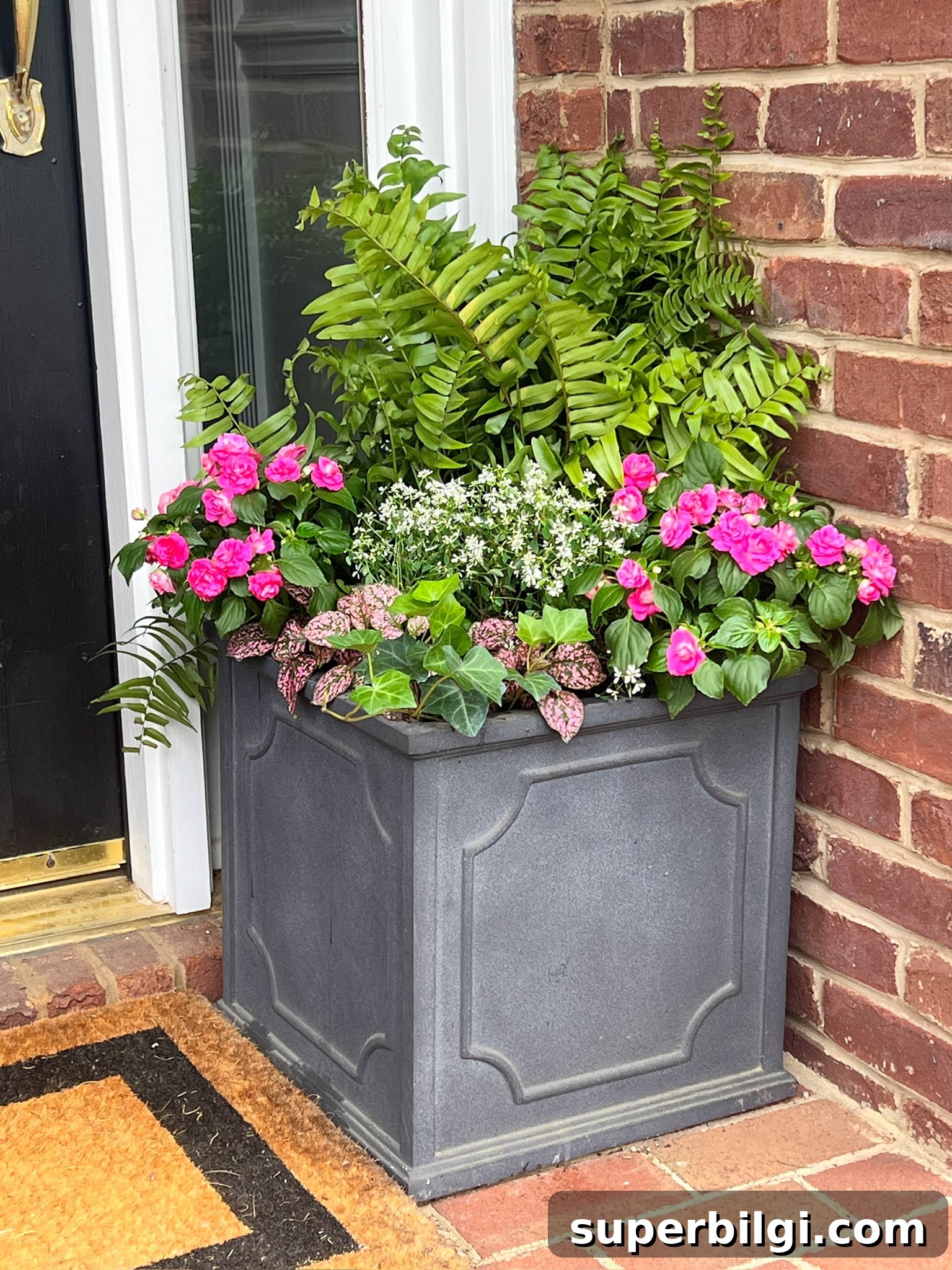 How to Plant Flowers in Pots, Planters and Containers 3 front porch planter with spring flowers and a macho fern