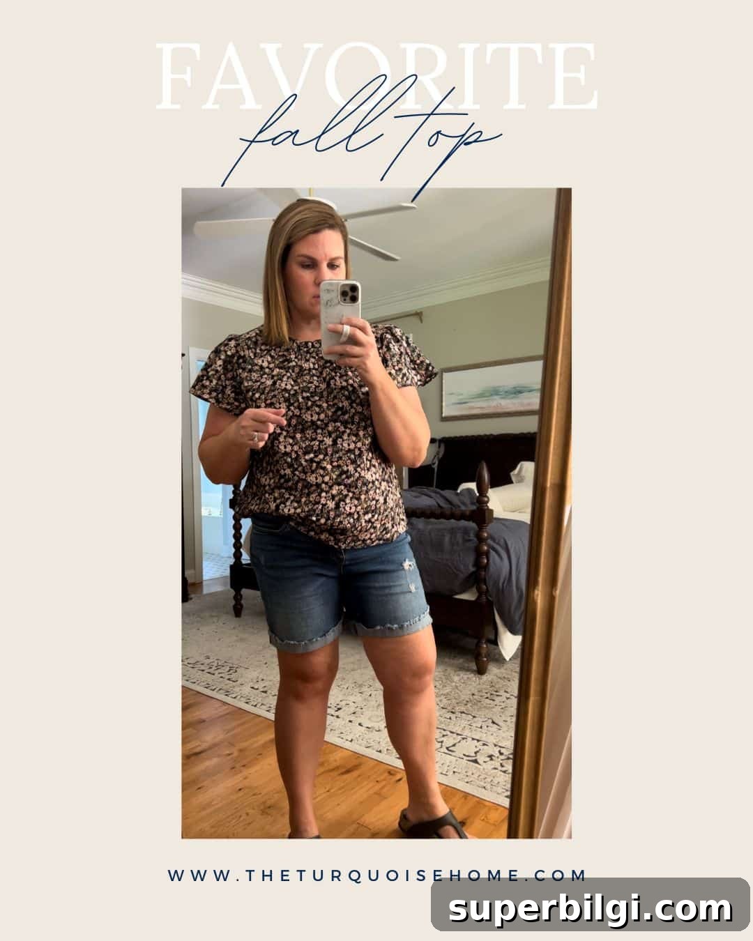 Early Fall Tops and Sweaters to Wear Now 3 Floral Fall top and jean shorts