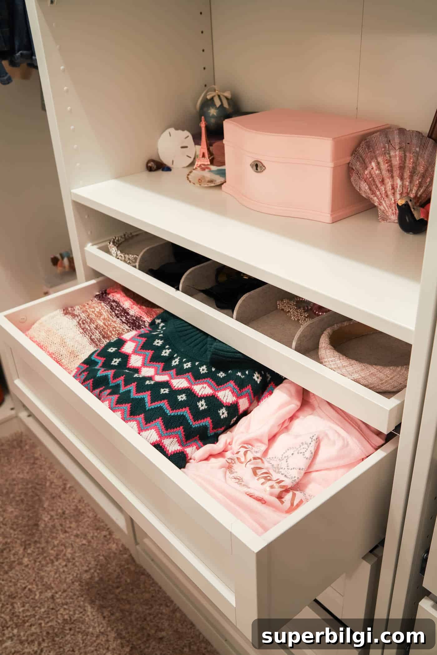 How to Maximize Closet Space Using the IKEA PAX System 13 KOMPLEMENT drawers with framed fronts