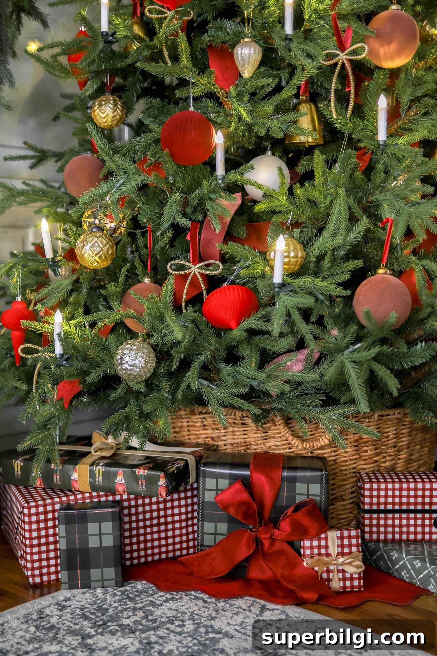 Red, White and Gold Christmas Decor Ideas 10 Up close tree skirt and tree basket