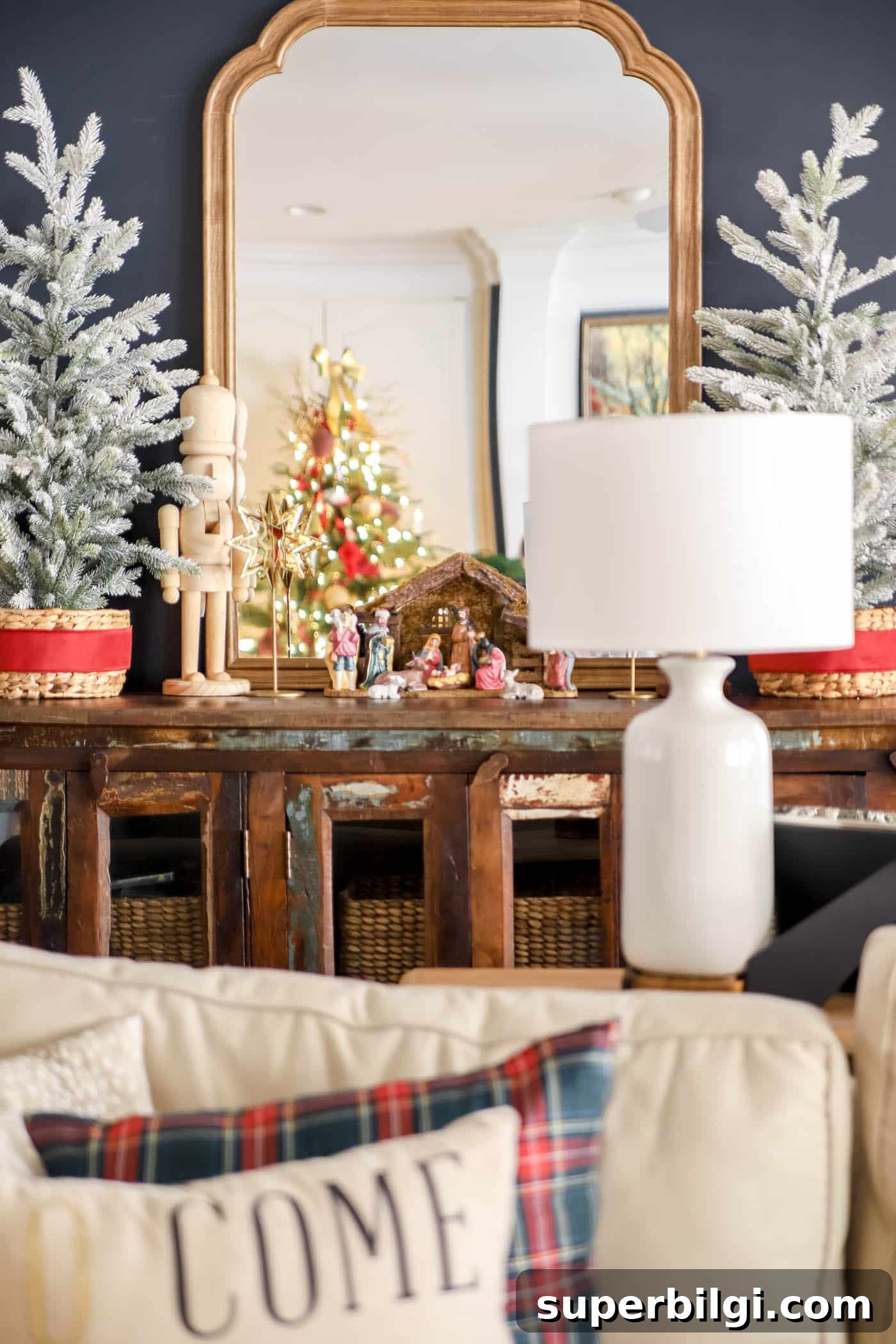 Red, White and Gold Christmas Decor Ideas 11 media cabinet with nativity scene