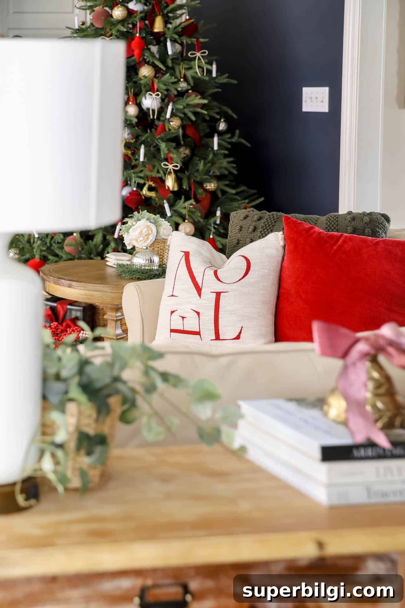 Red, White and Gold Christmas Decor Ideas 12 Noel red pillow on the sofa for red christmas decor