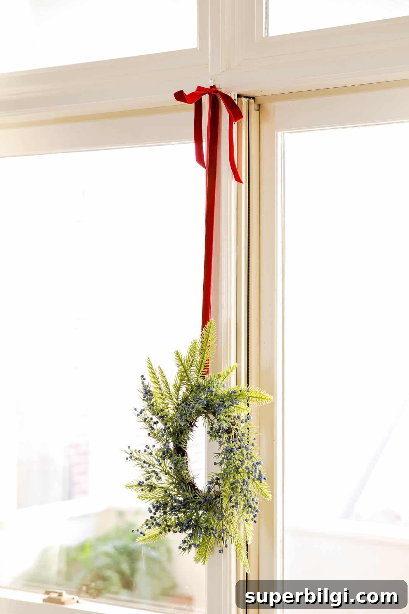Red, White and Gold Christmas Decor Ideas 17 Pine and Berry Wreaths in Window with red ribbon