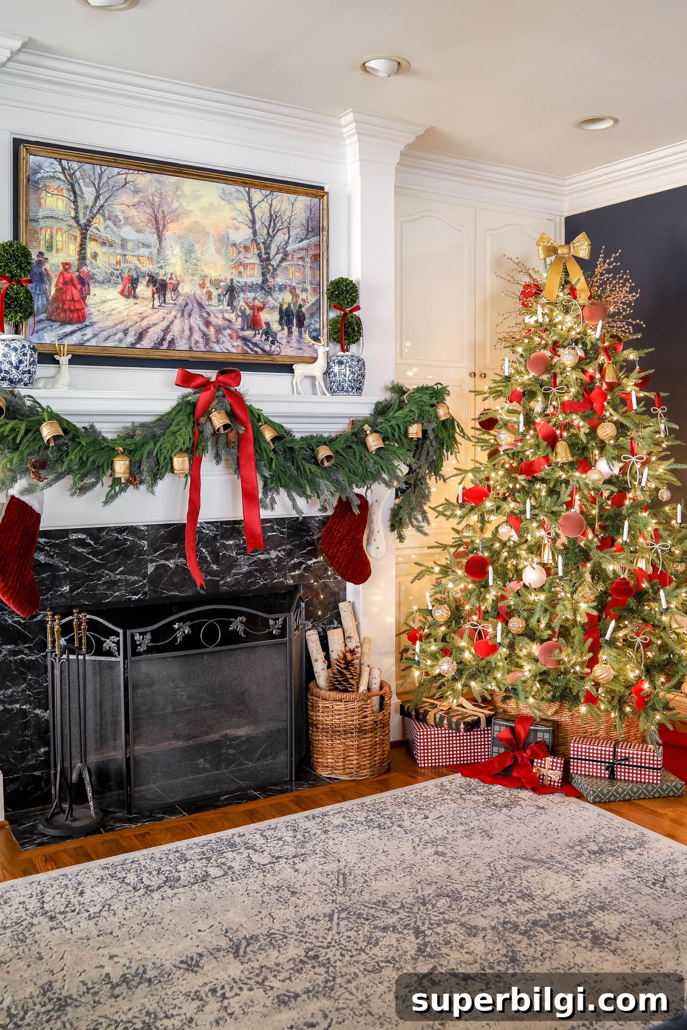 Red, White and Gold Christmas Decor Ideas 6 wrapped gifts under tree in red christmas decor room