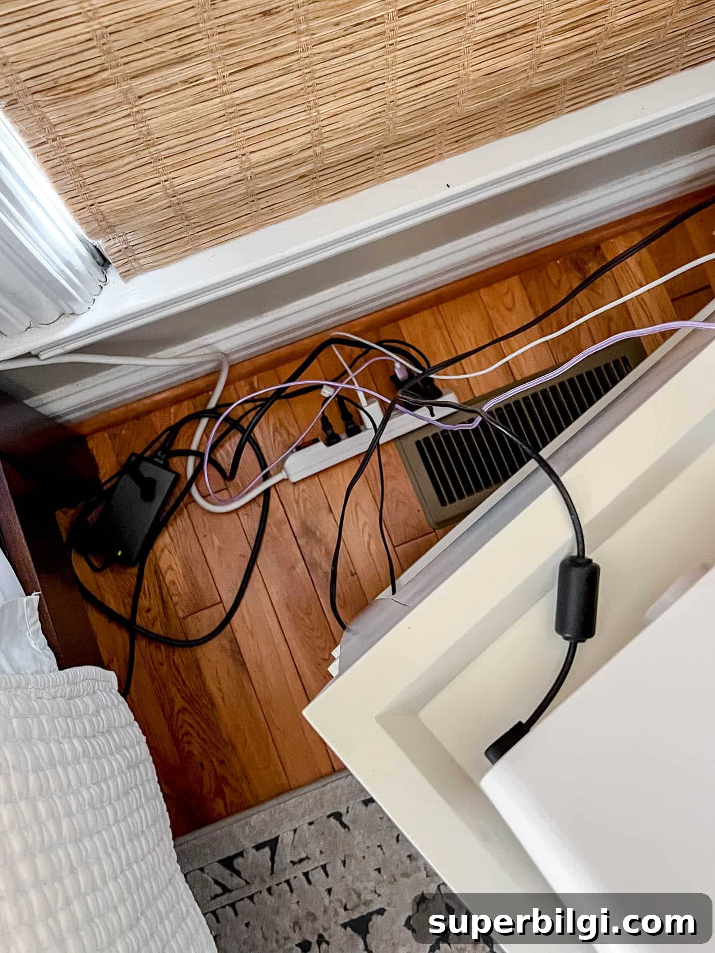 Bedside Cable Management Ideas for a Tidy Nightstand 4 messy cords behind nightstand