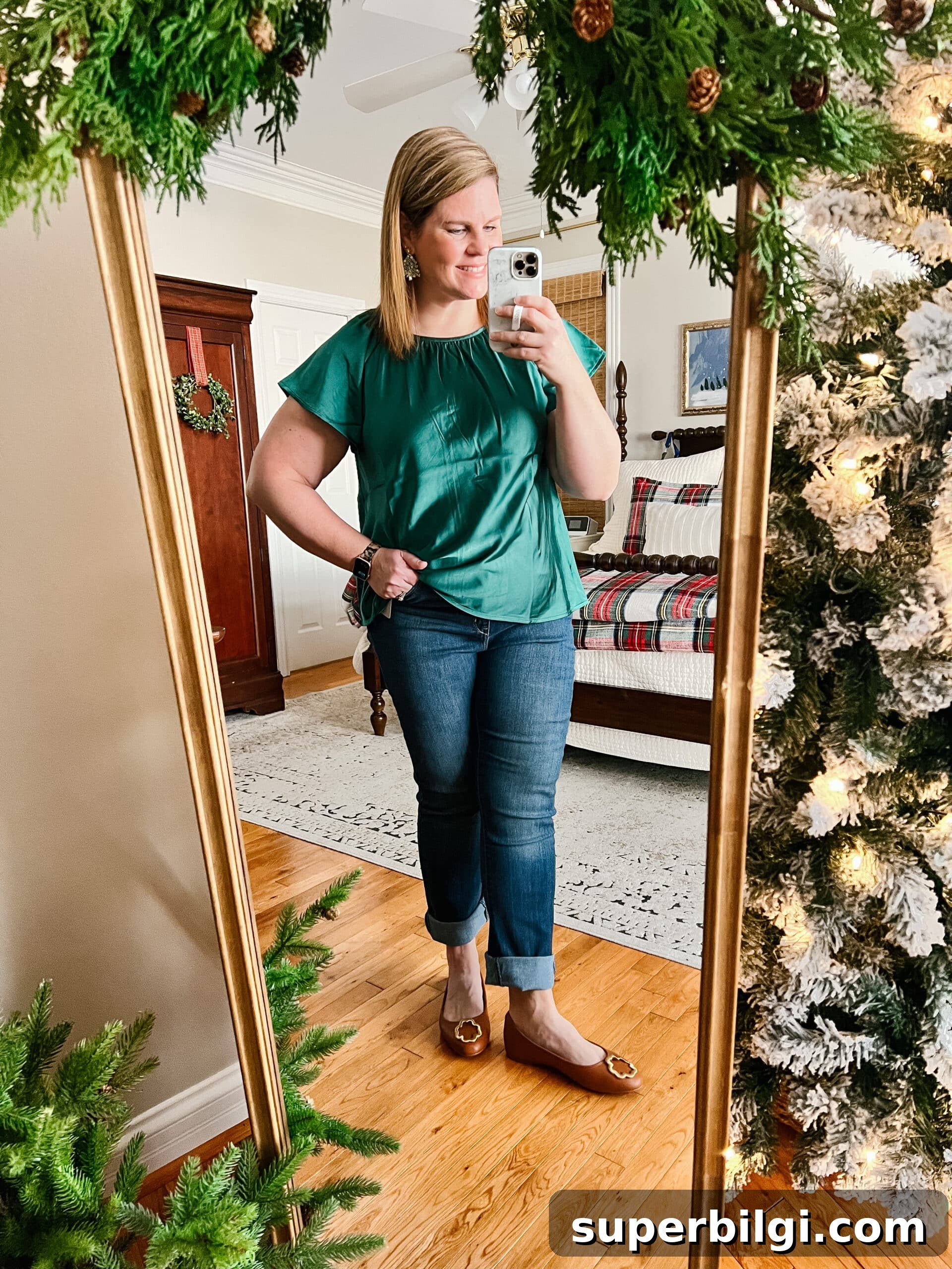 Affordable Winter Jeans and Cozy Sweaters 6 satin top with straight jeans and ballet flats