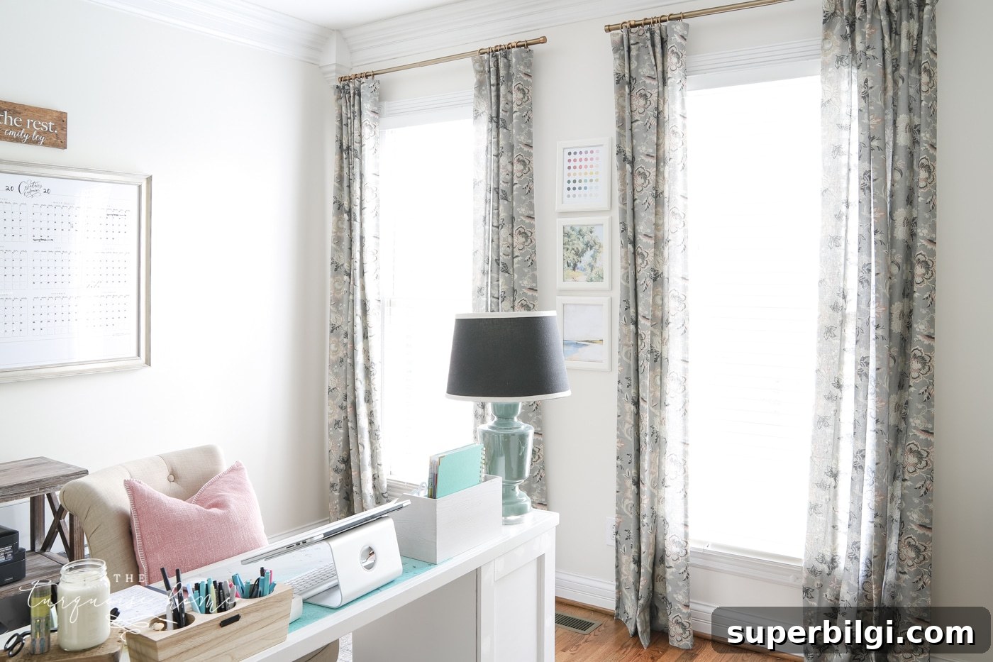 How to Hang Curtains: Step-by-Step Rod Installation 5 office with curtains and desk