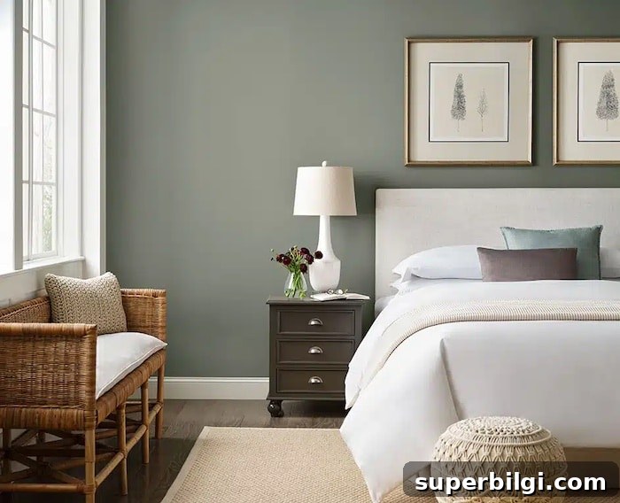 Sherwin Williams Evergreen Fog walls in bedroom.