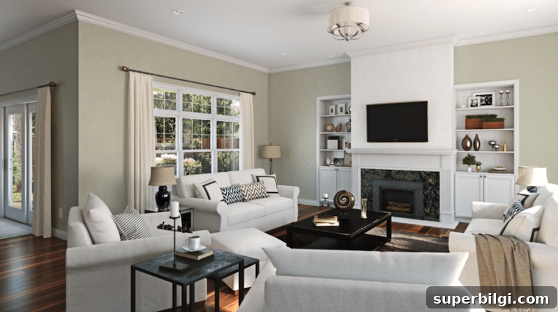 living room with Sherwin Williams Liveable Green walls.