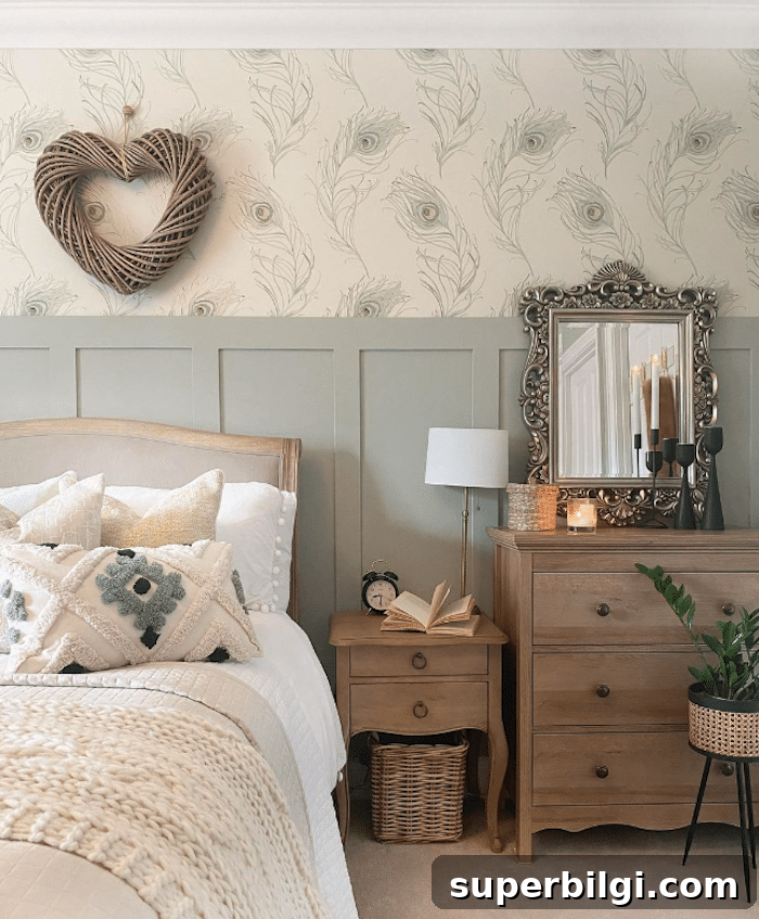 bedroom with Farrow & Ball Mizzle painted board and batten with wallpaper featuring peacock feathers and a heart decor hanging on the wall above the bed.