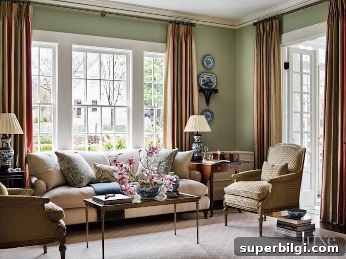 formal living room with Benjamin Moore Saybrook Sage painted walls