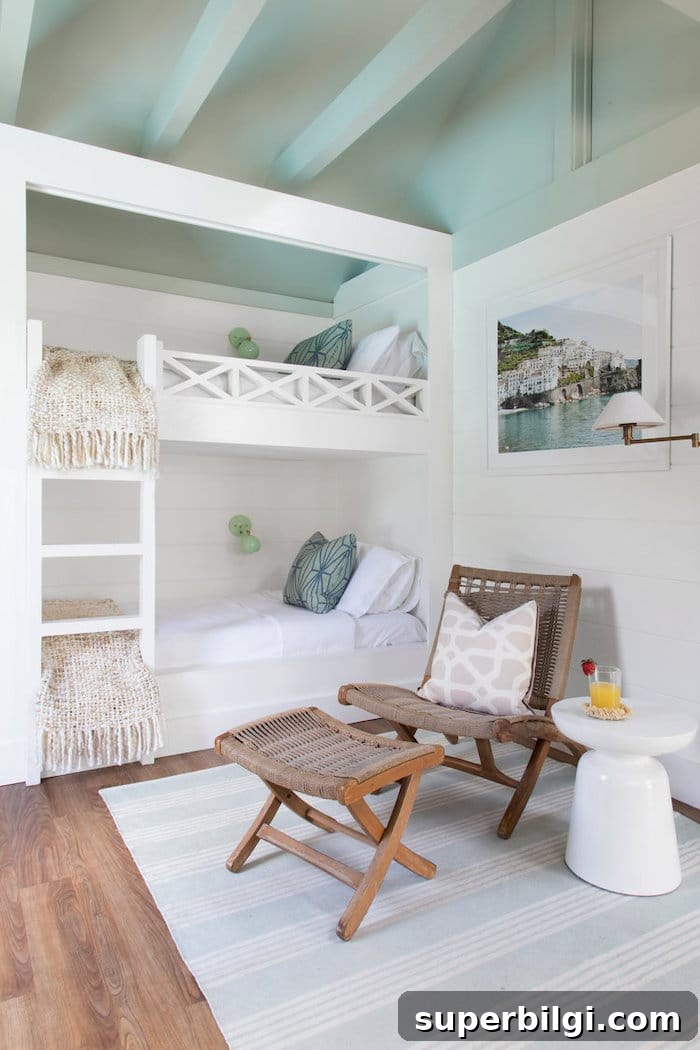 bunk room with Benjamin Moore Sage Tint paint on the ceiling