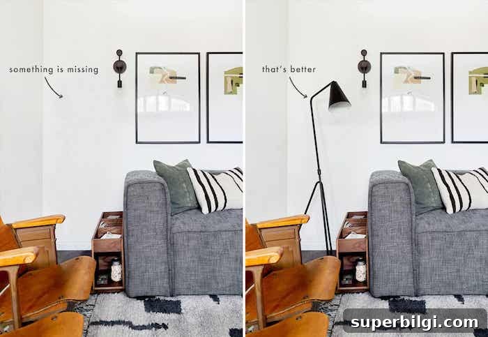 13 Creative Corner Decor Ideas to Transform Small Spaces 9 modern floor lamp next to a gray sofa in a white living room.