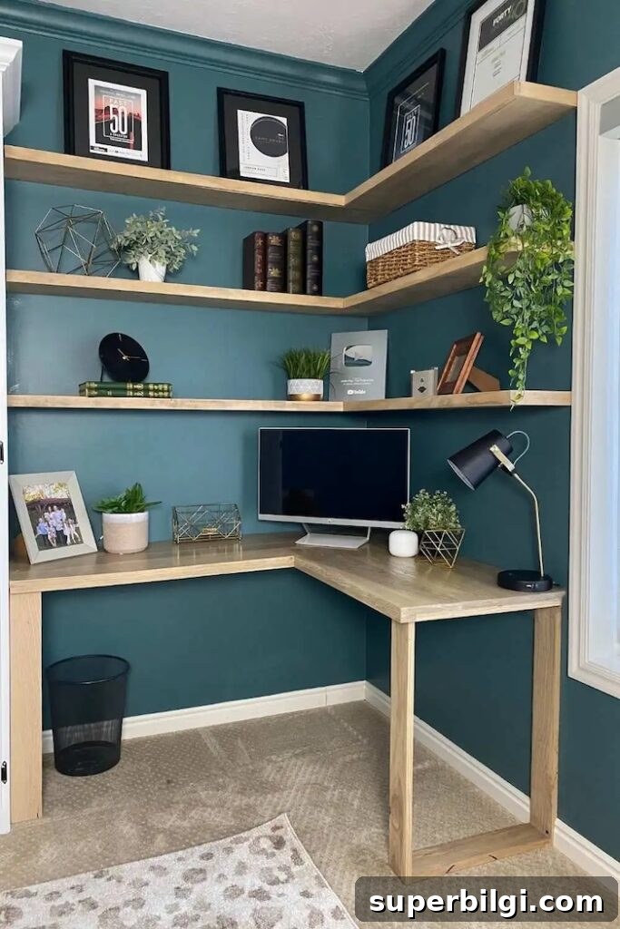 13 Creative Corner Decor Ideas to Transform Small Spaces 15 corner of a room with shelving and a desk underneath.