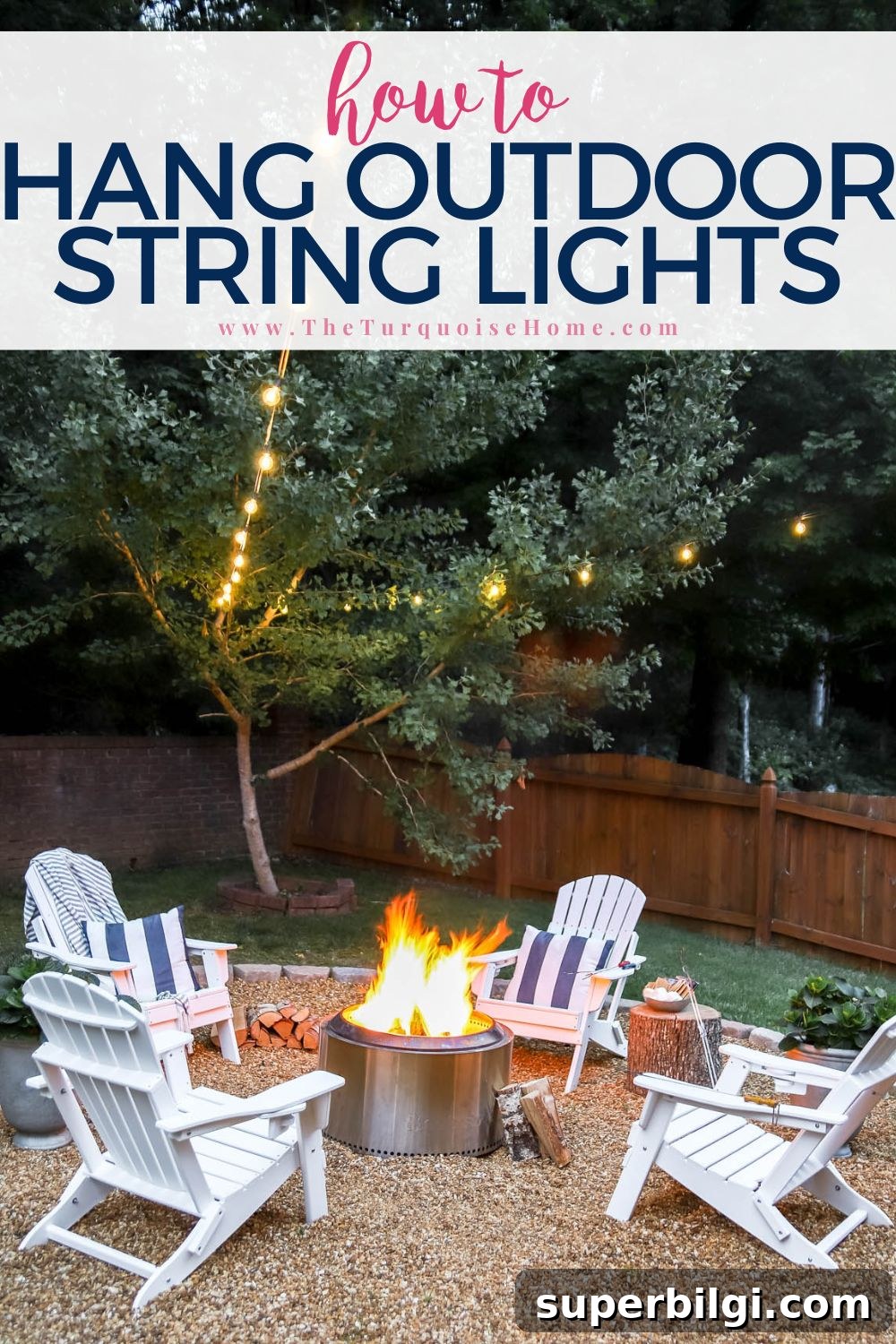 Hang Outdoor String Lights: DIY Patio and Backyard Tips 2 Warm string lights hanging over a fire pit area with white Adirondack chairs.