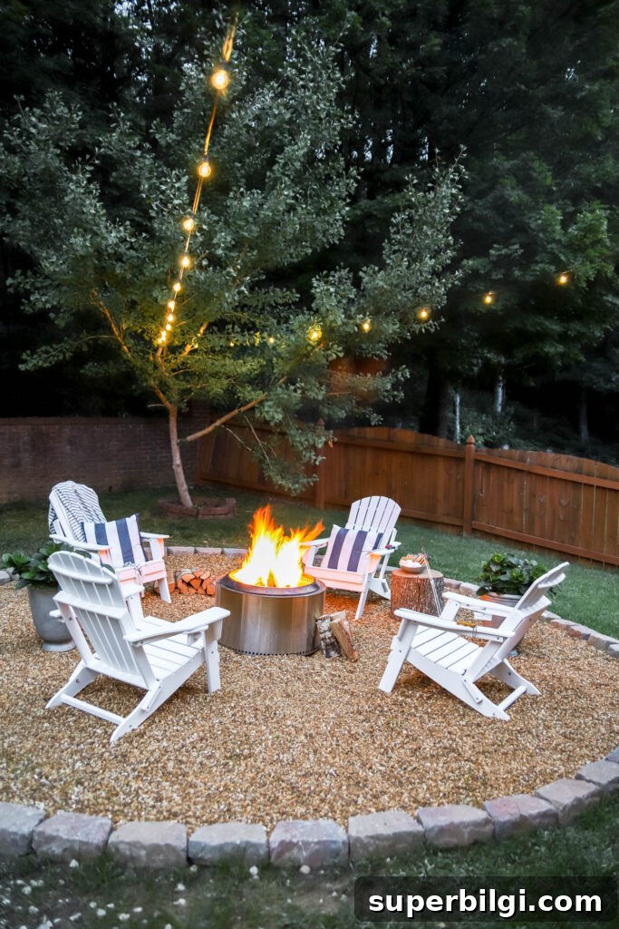 Hang Outdoor String Lights: DIY Patio and Backyard Tips 5 white Adirondack chairs and outdoor fire pit area with solo stove