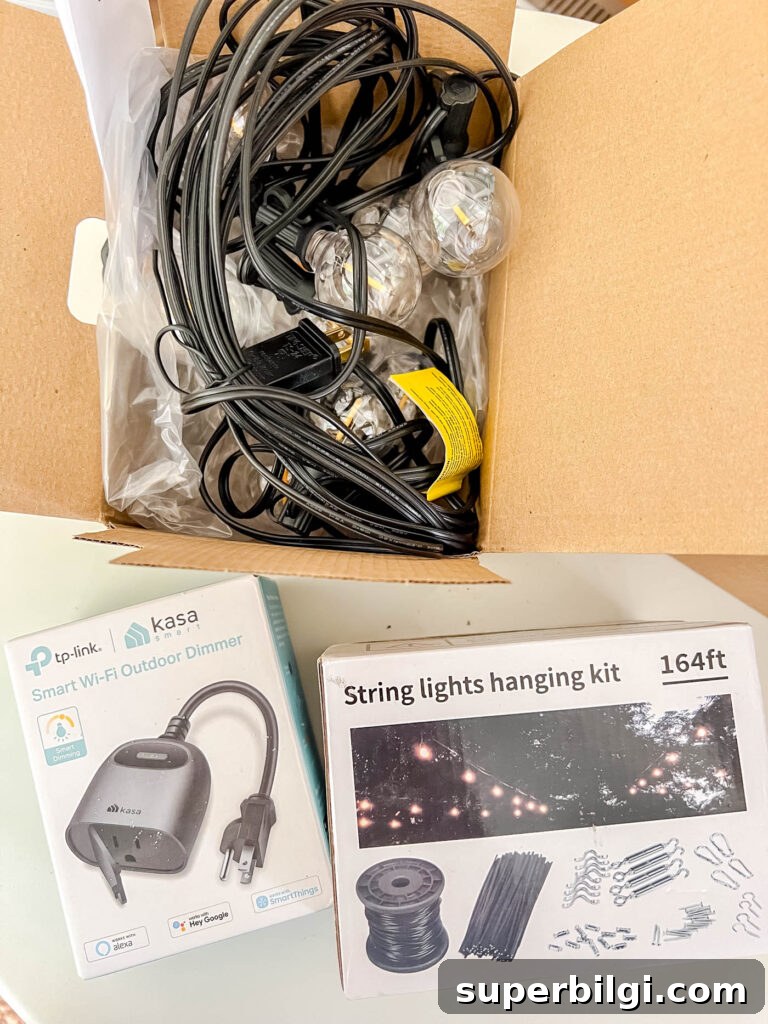 Hang Outdoor String Lights: DIY Patio and Backyard Tips 7 string light kit in a box