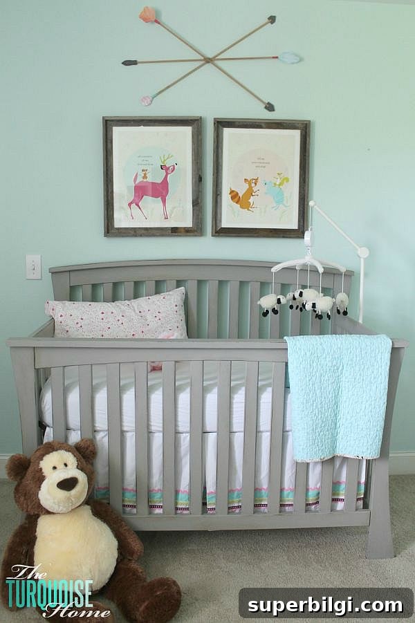 20 Nursery Paint Colors and Accent Wall Ideas for Baby Rooms 3 All of the pretty pink and turquoise touches with a woodland theme make a sweet retreat for any little girl. | Baby Girl's Woodland Nursery | All the details at TheTurquoiseHome.com