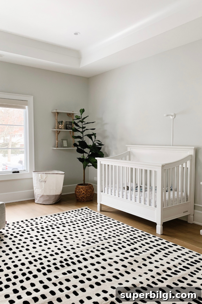 20 Nursery Paint Colors and Accent Wall Ideas for Baby Rooms 19 Paper White color walls in a neutral nursery with black and white rug, white crib and fiddle leaf fig tree in the corner.