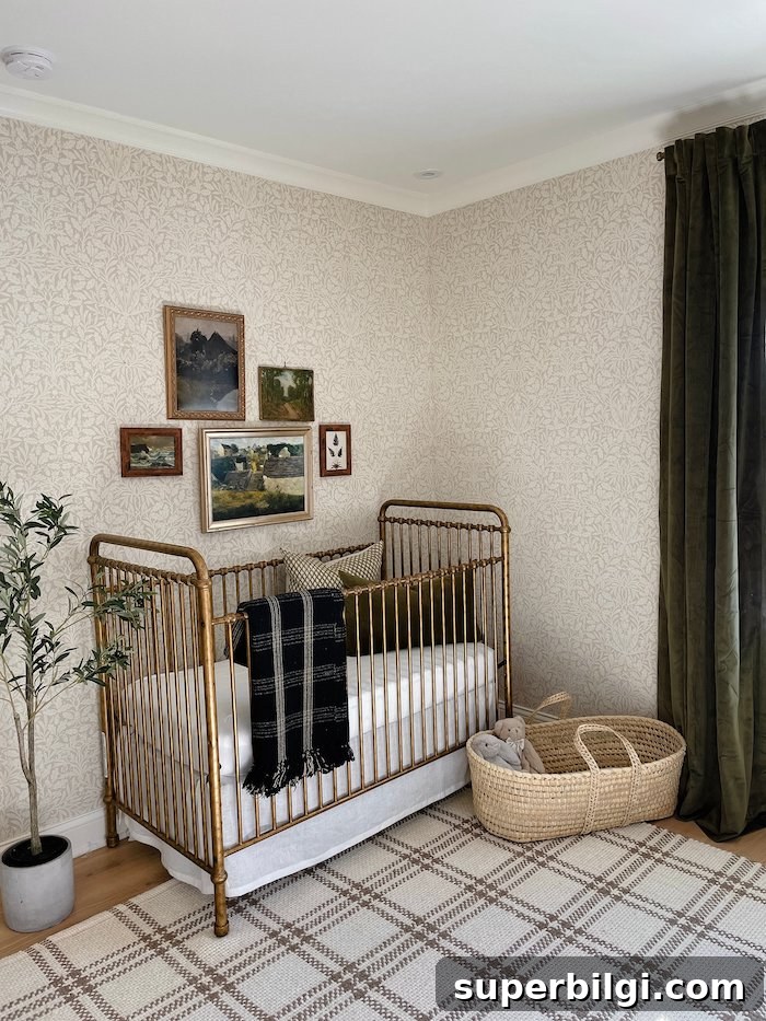 20 Nursery Paint Colors and Accent Wall Ideas for Baby Rooms 20 traditional woodland wallpaper in a gender-neutral nursery.