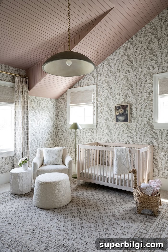 20 Nursery Paint Colors and Accent Wall Ideas for Baby Rooms 21 Florencecourt wallpaper in Stone from McGee & Co. in a girl's nursery.