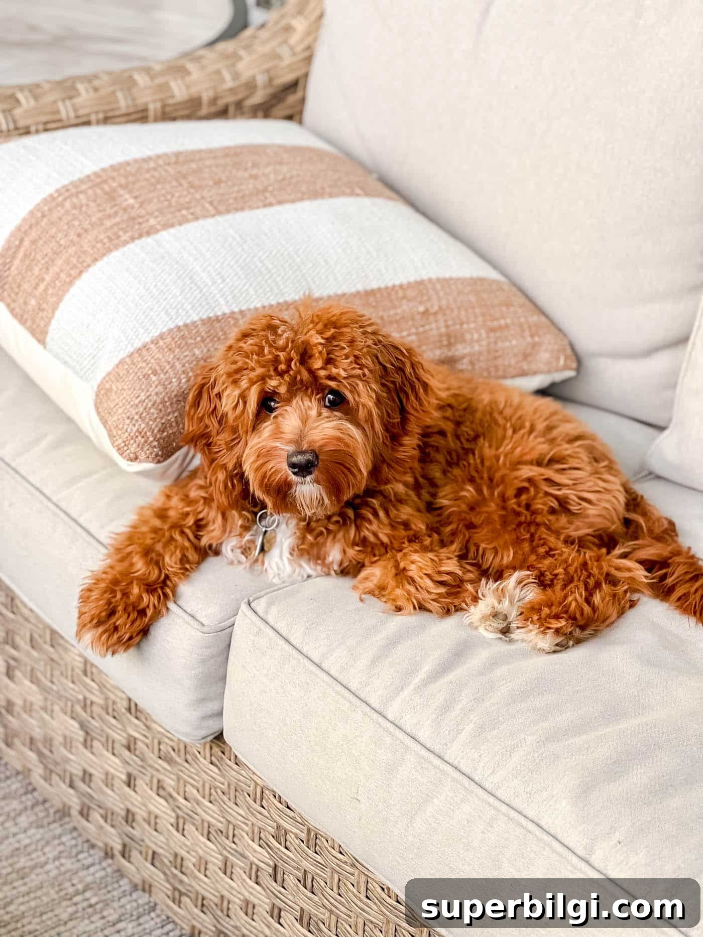 10+ Stylish Dog Crate Furniture Ideas for Modern Homes 2 red and white Cavapoo pupping on a wicker outdoor sofa with striped white and burnt orange throw pillow next to the dog.