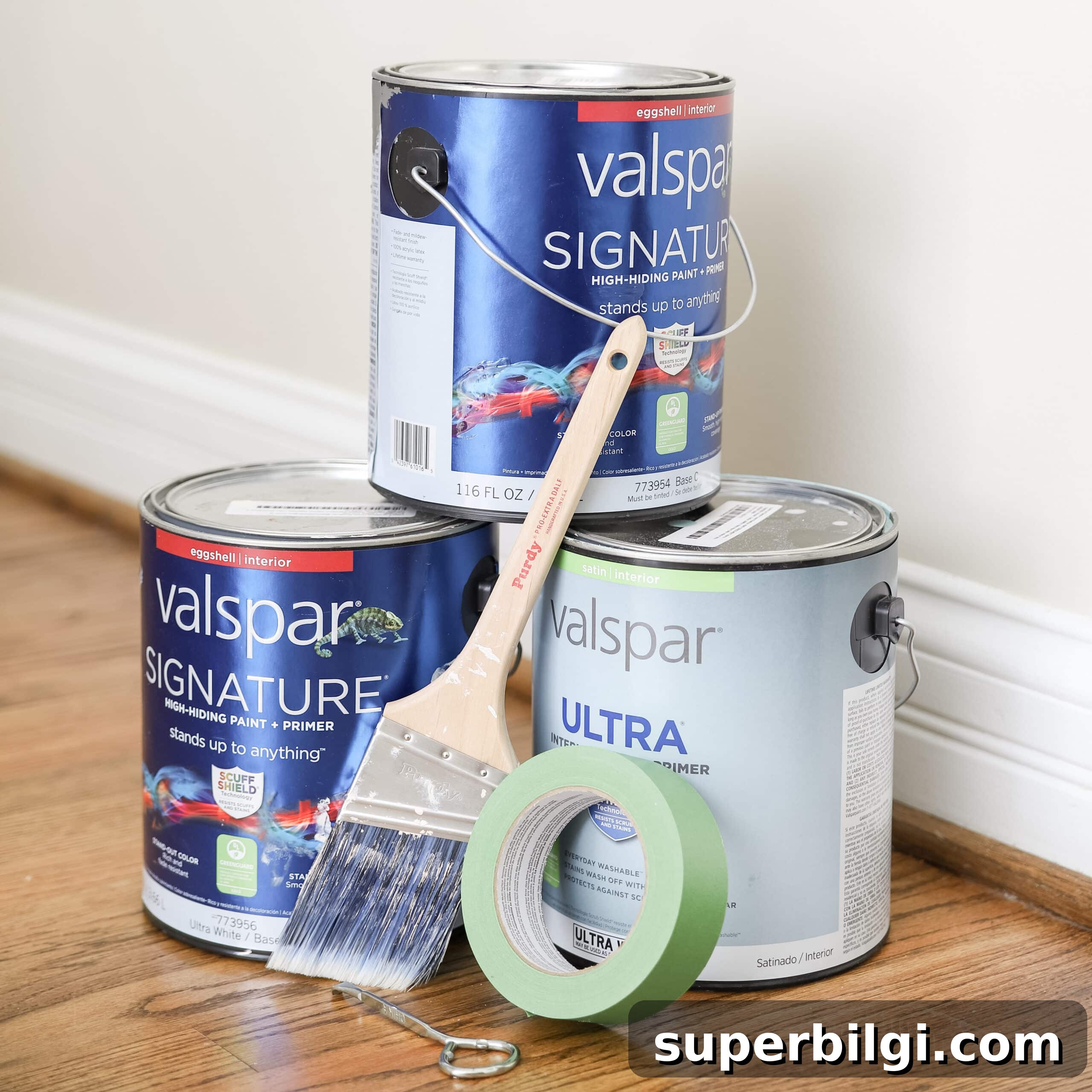Paint Trim Like a Pro: Step-by-Step Guide 7 paint cans, paint brush, painters tape and paint can opener