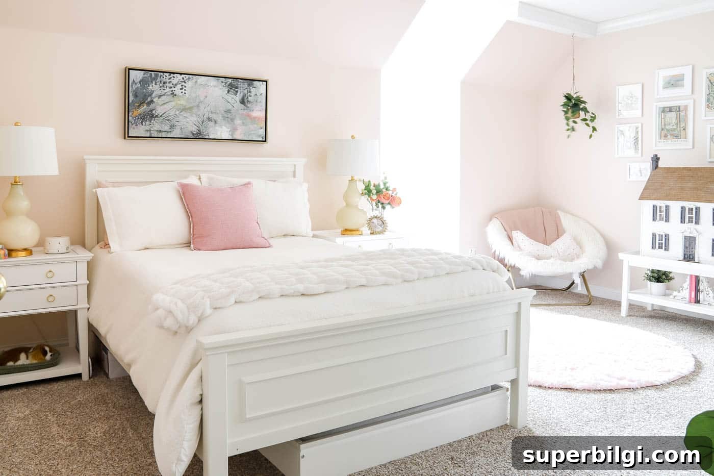 Teen Girl Bedroom Ideas: 10+ Stylish Tips and Tricks 11 white full size bed with white nightstands and gold hardware in a teen girl bedroom.
