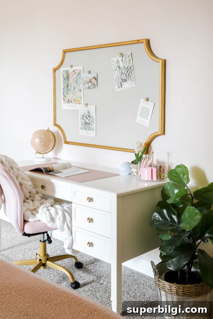 Teen Girl Bedroom Ideas: 10+ Stylish Tips and Tricks 15 teen girl desk study area with large pin board.