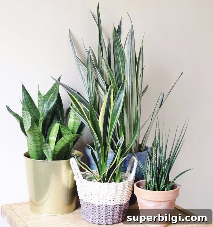 How to Care for Snake Plants: Light, Watering and Troubleshooting 5 several snake plants gathered together in planters.