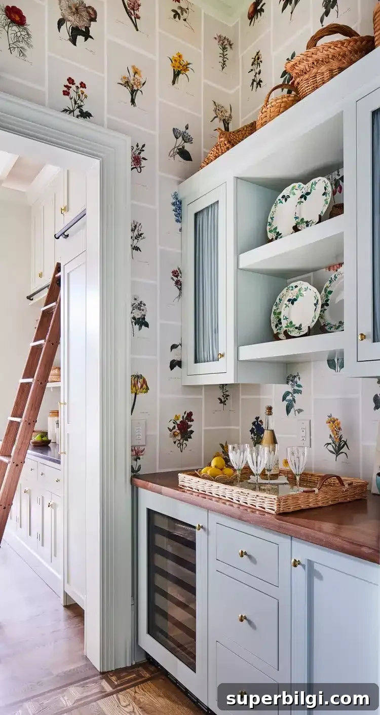10+ Butler's Pantry Ideas for Stylish, Functional Spaces 19 small butler's pantry with wood countertops, botanical wallpaper and blue cabinets.
