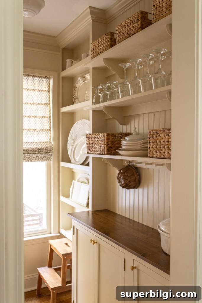 10+ Butler's Pantry Ideas for Stylish, Functional Spaces 22 creamy warm white butler's pantry with wood countertops and open shelves.