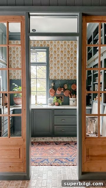 10+ Butler's Pantry Ideas for Stylish, Functional Spaces 23 colorful scullery with bold wallpaper and cabinets.