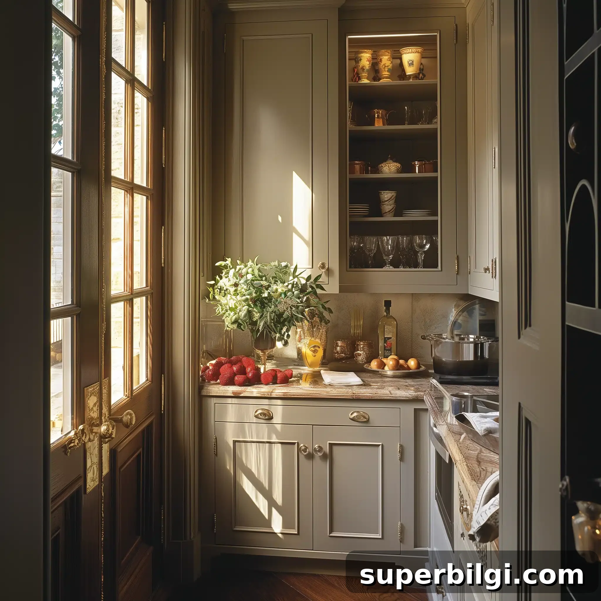 10+ Butler's Pantry Ideas for Stylish, Functional Spaces 24 muted green butler's pantry with wood French doors, dark stone countertops and a prep sink.