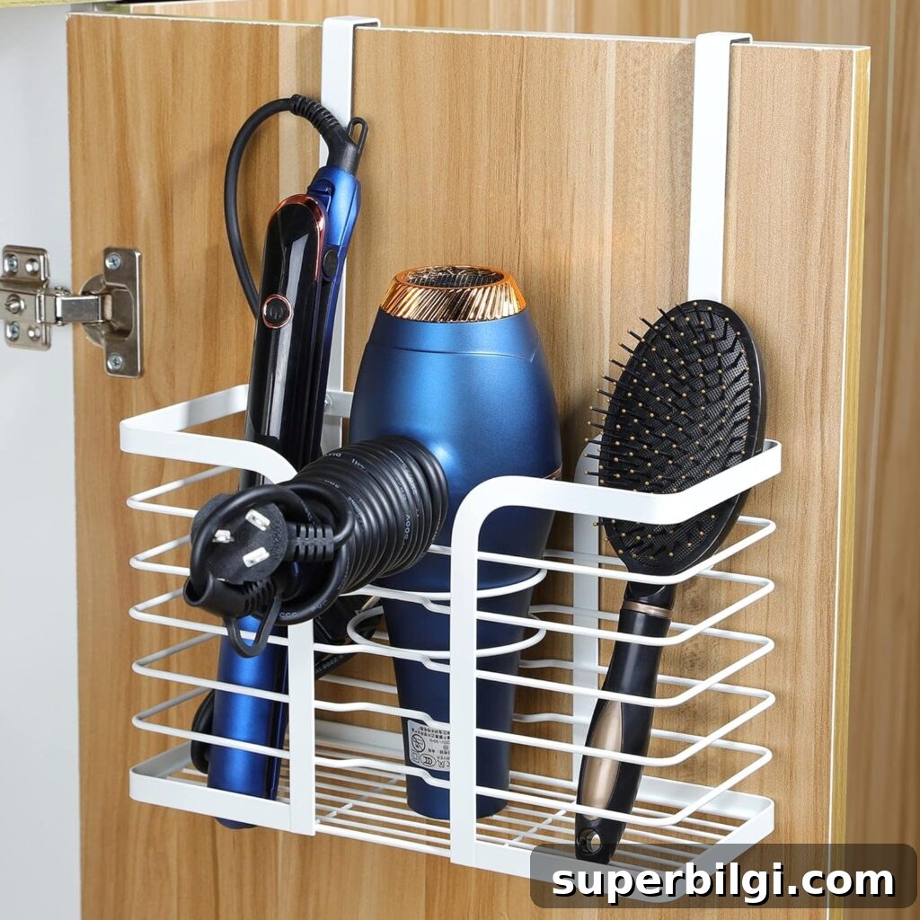 Under-Sink Storage Ideas for Bathroom Organization 9 over-the-door organizer for bathroom hair tools.