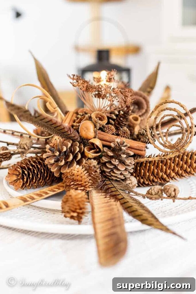 pinecone and feather centerpiece
