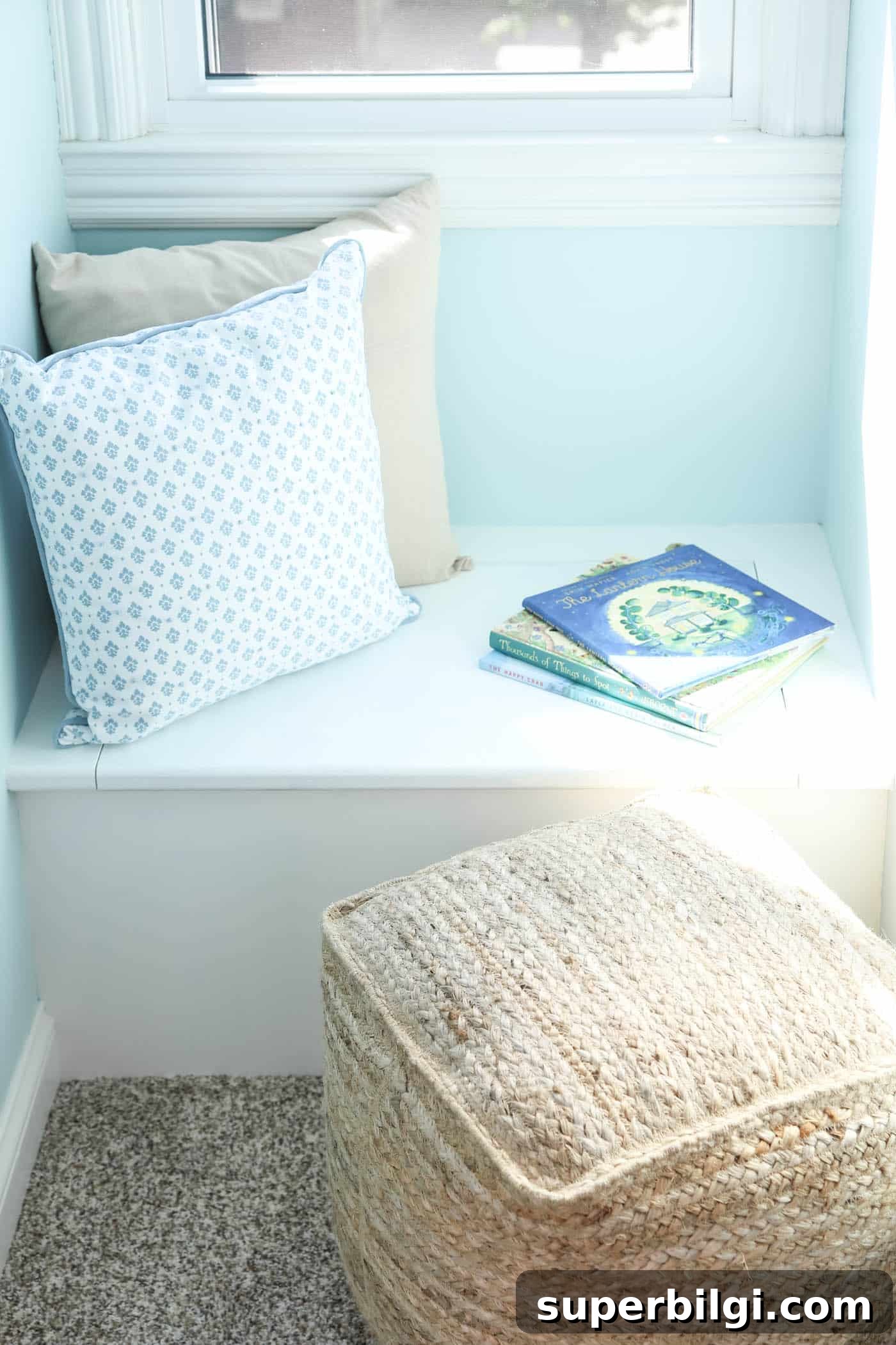 Transform Your Coastal Book Nook: Cozy Seaside Reading Corner 8 jute pouf for reading nook.