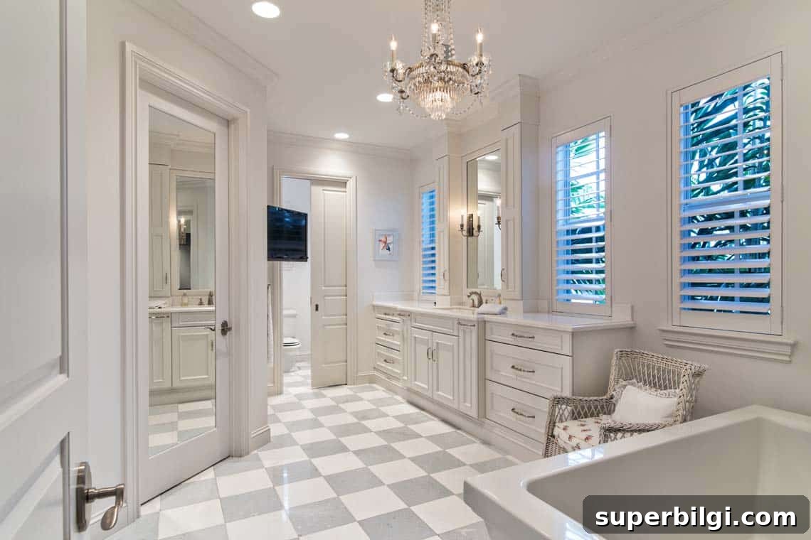 bathroom with light gray and white checkered tile floors.