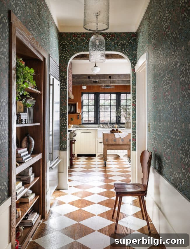 kitchen with wood checkered floors.
