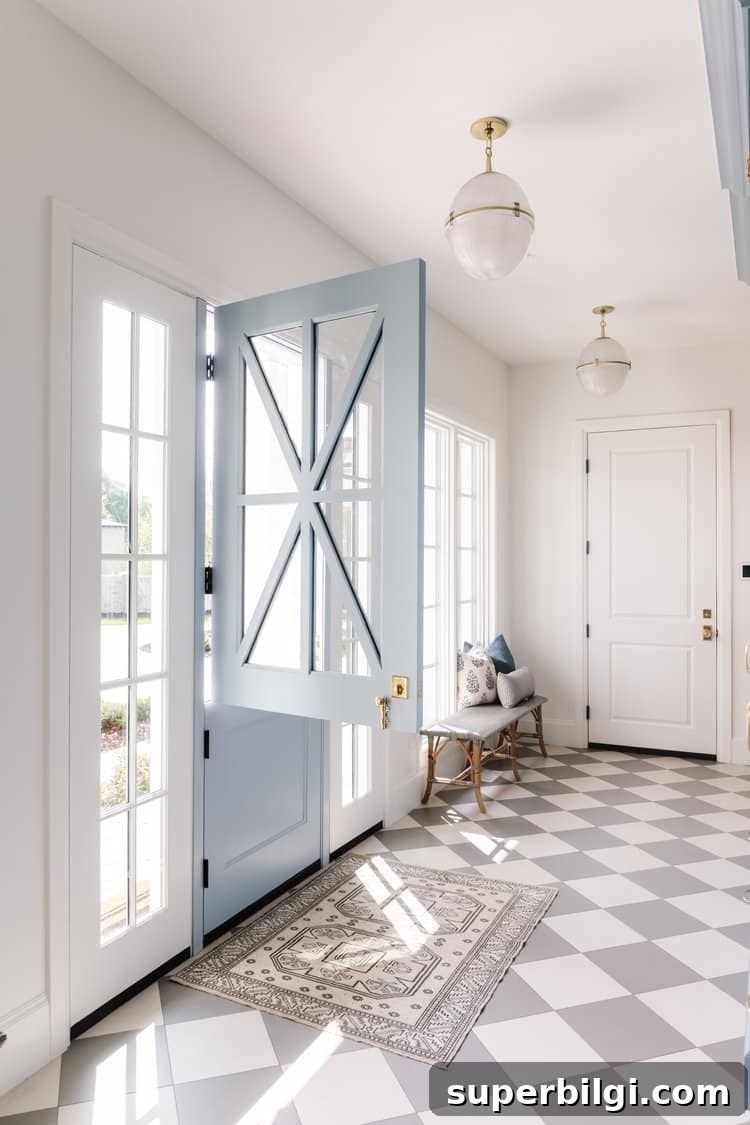 Light blue and white checkered floors in an entry way.