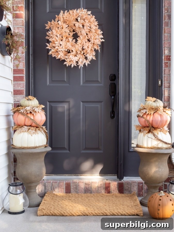 7 Creative Outdoor Fall Decorating Ideas 16 neutral gray door with pumpkin topiaries.