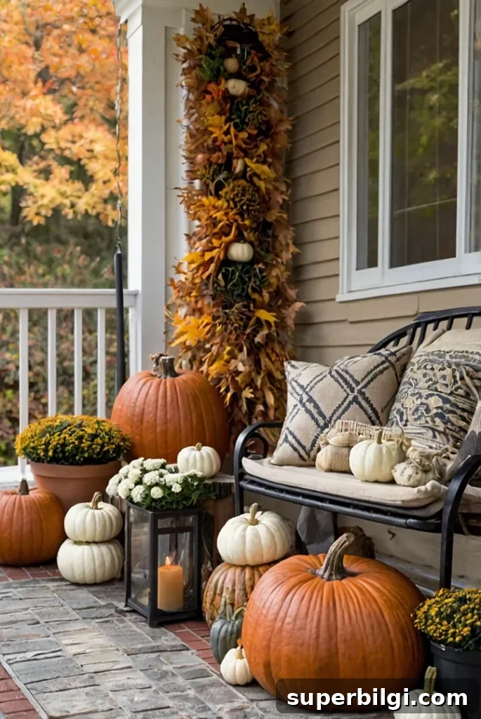 7 Creative Outdoor Fall Decorating Ideas 17 front porch with bench and pumpkins, lanterns and mums.