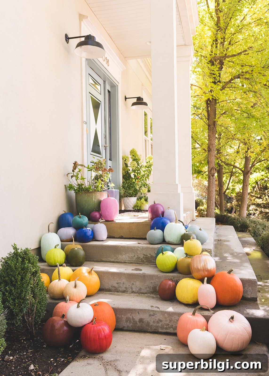 7 Creative Outdoor Fall Decorating Ideas 4 colorful modern pumpkins on front porch