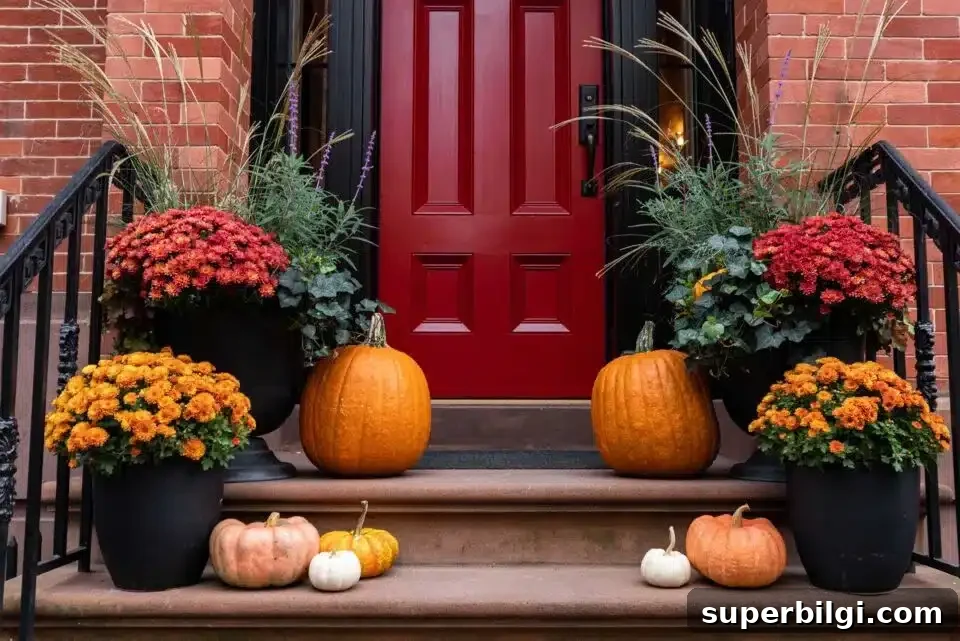 7 Creative Outdoor Fall Decorating Ideas 5 classic autumn colors on a fall porch with mums and pumpkins