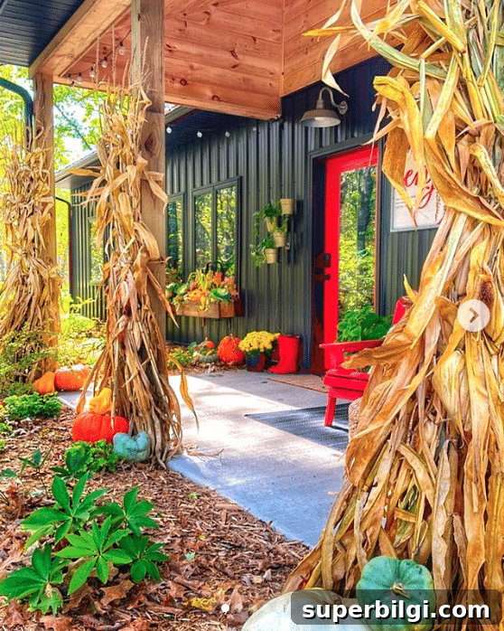 7 Creative Outdoor Fall Decorating Ideas 7 pretty front porch for fall with hay stalks and pumpkins with a red door.